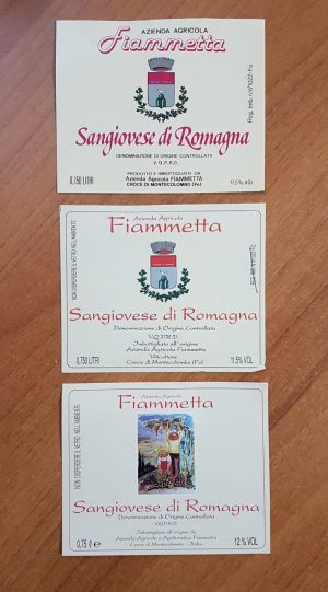 Etichette storiche degli anni 70-80 del vino Sangiovese Unico di Cantina Fiammeta